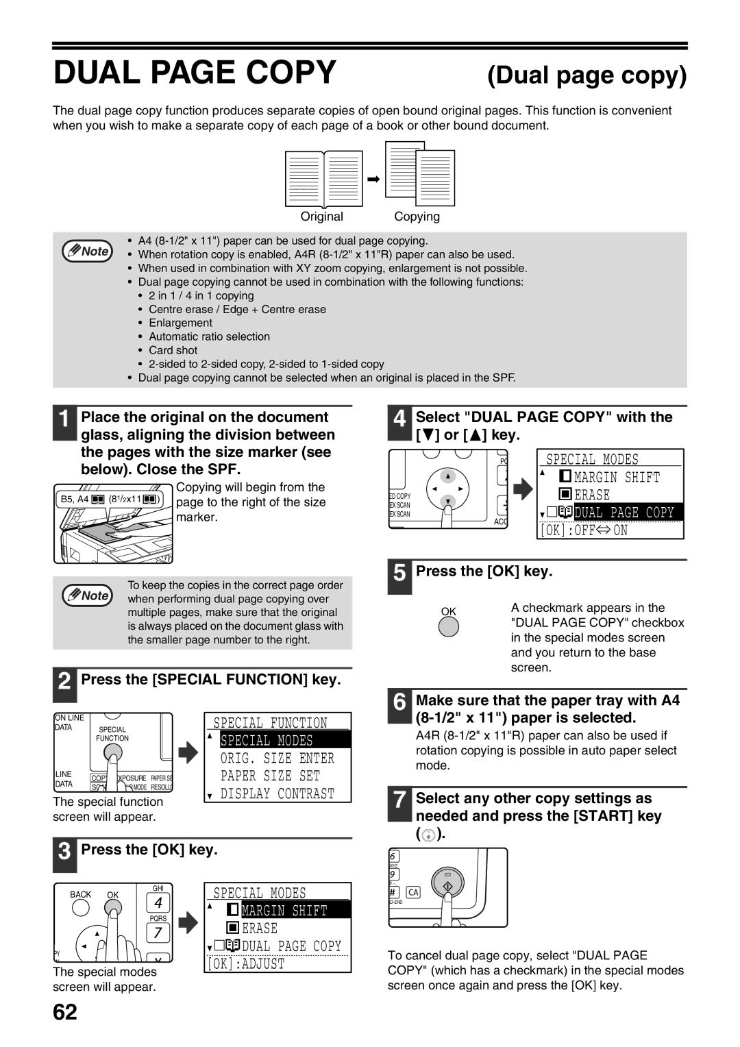 Sharp MX-M160D, MX-M200D operation manual Dual page Copy, Okoff, Checkmark appears, Special modes Screen will appear 