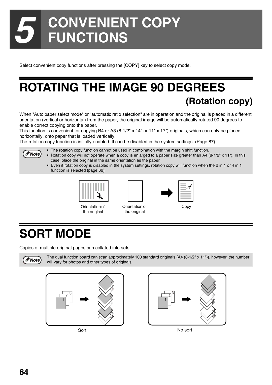 Sharp MX-M160D Rotating the Image 90 Degrees, Sort Mode, Copies of multiple original pages can collated into sets 