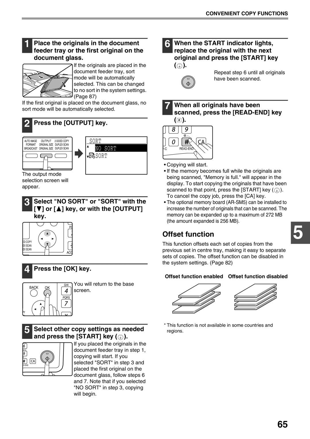 Sharp MX-M200D, MX-M160D No Sort, Press the Output key, Offset function enabled Offset function disabled 