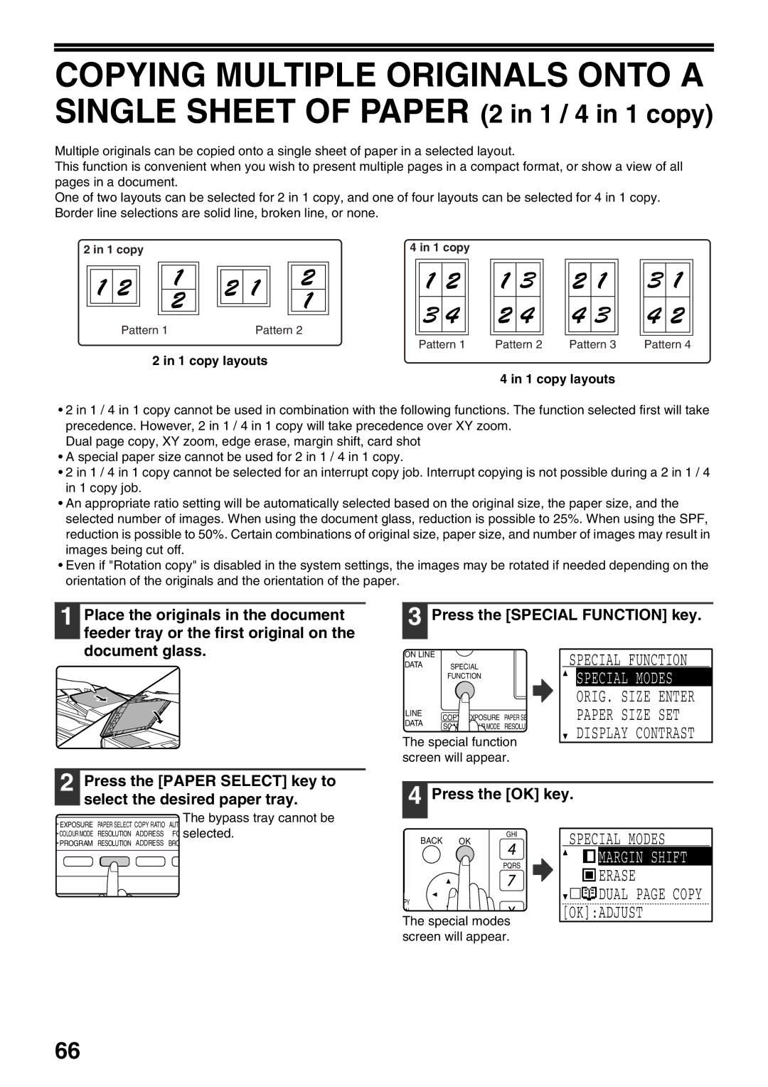 Sharp MX-M160D, MX-M200D operation manual Press the Paper Select key to select the desired paper tray, copy layouts 