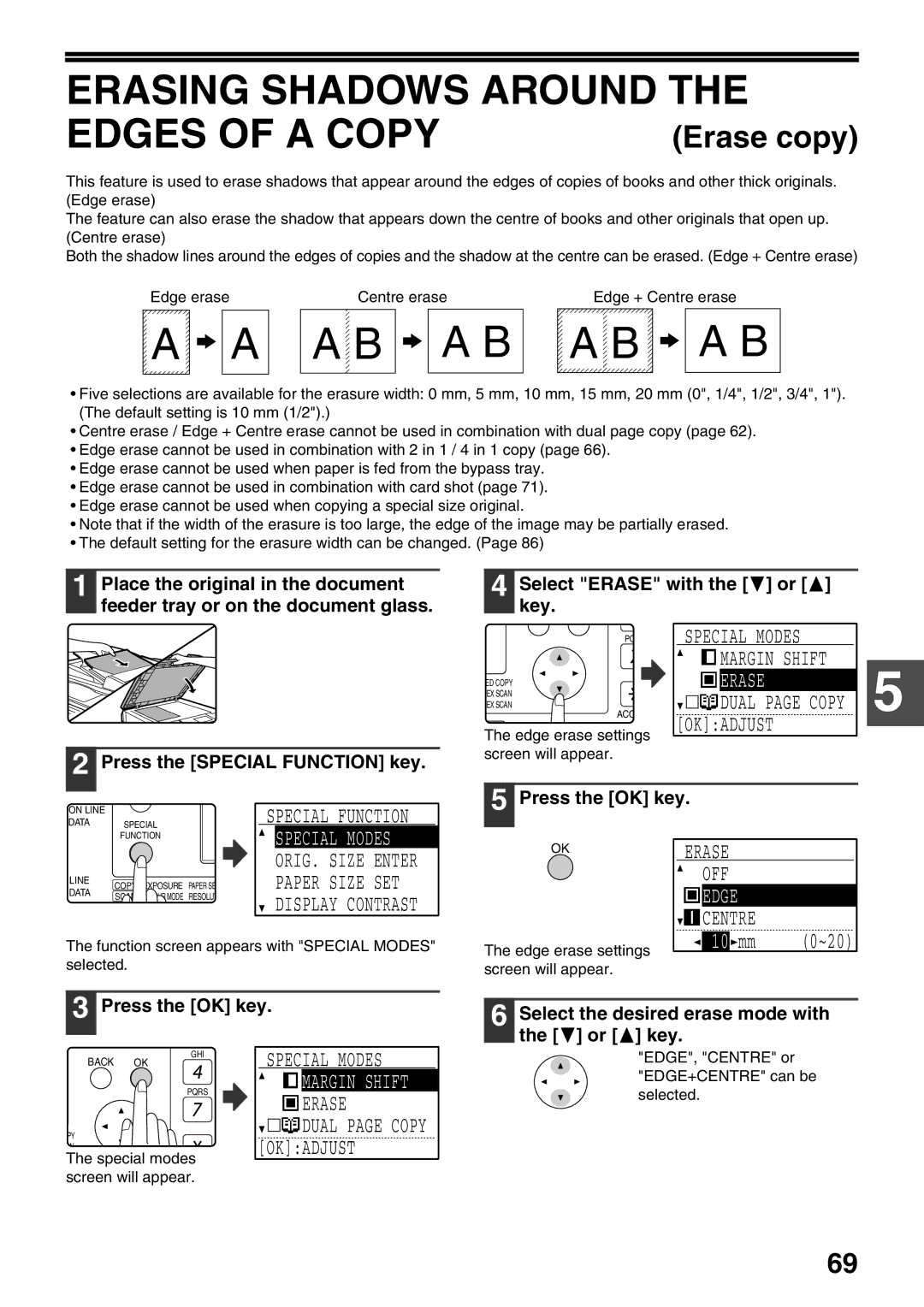 Sharp MX-M200D, MX-M160D operation manual Erasing Shadows around Edges of a Copy, Erase, Dual, Centre 