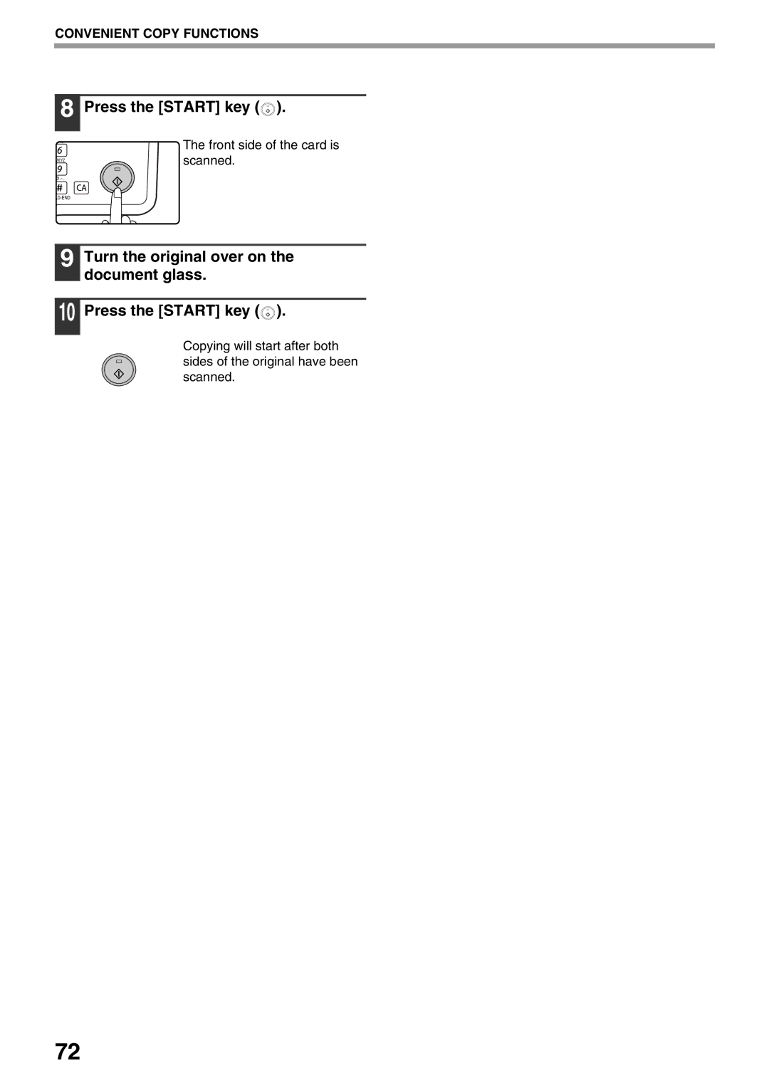 Sharp MX-M160D, MX-M200D operation manual Press the Start key, Front side of the card is scanned 