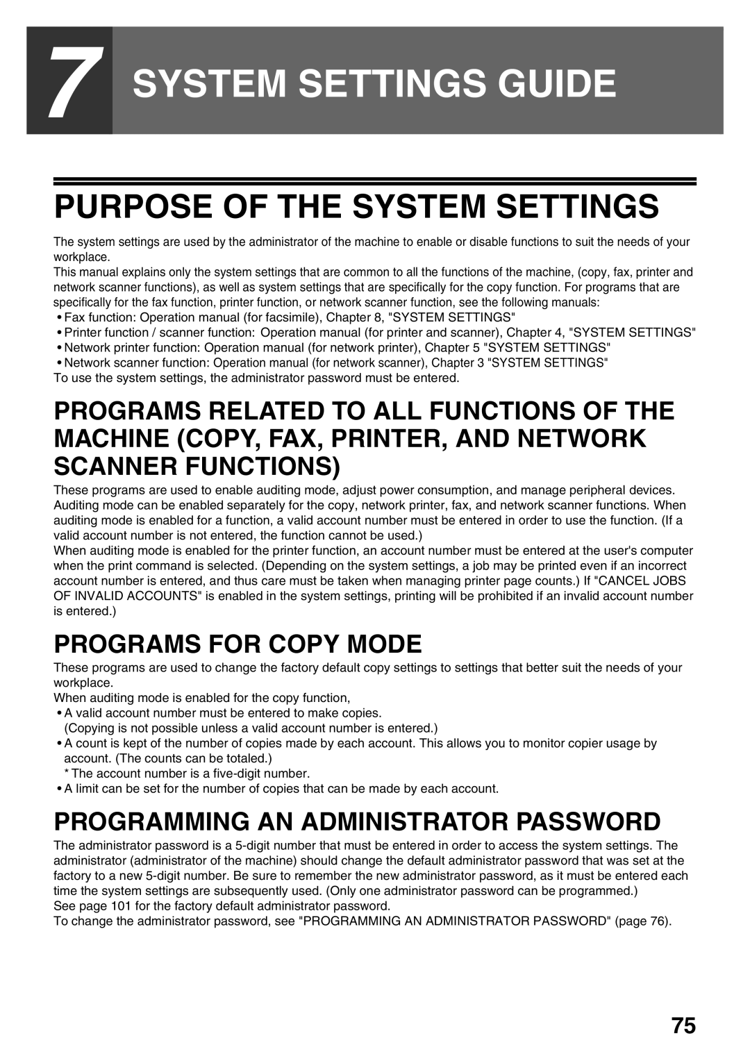 Sharp MX-M200D, MX-M160D Purpose of the System Settings, Programs for Copy Mode, Programming AN Administrator Password 