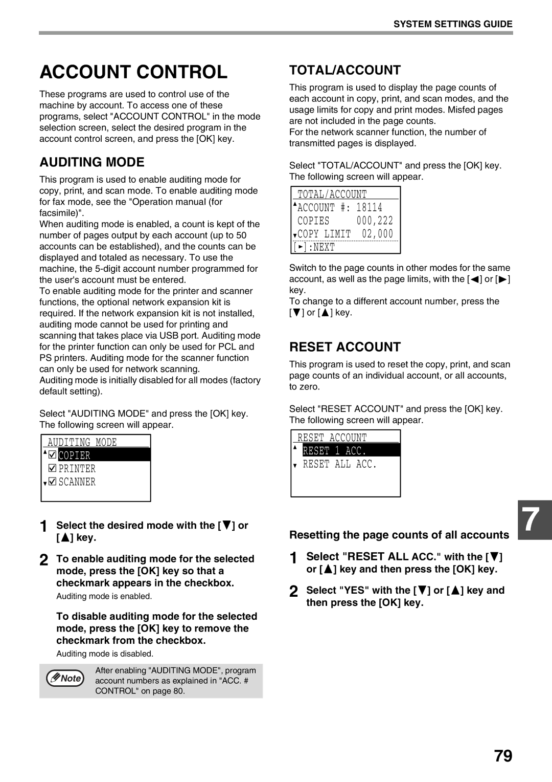 Sharp MX-M200D, MX-M160D operation manual Account Control, Auditing Mode, Total/Account, Reset Account, Reset 1 ACC 