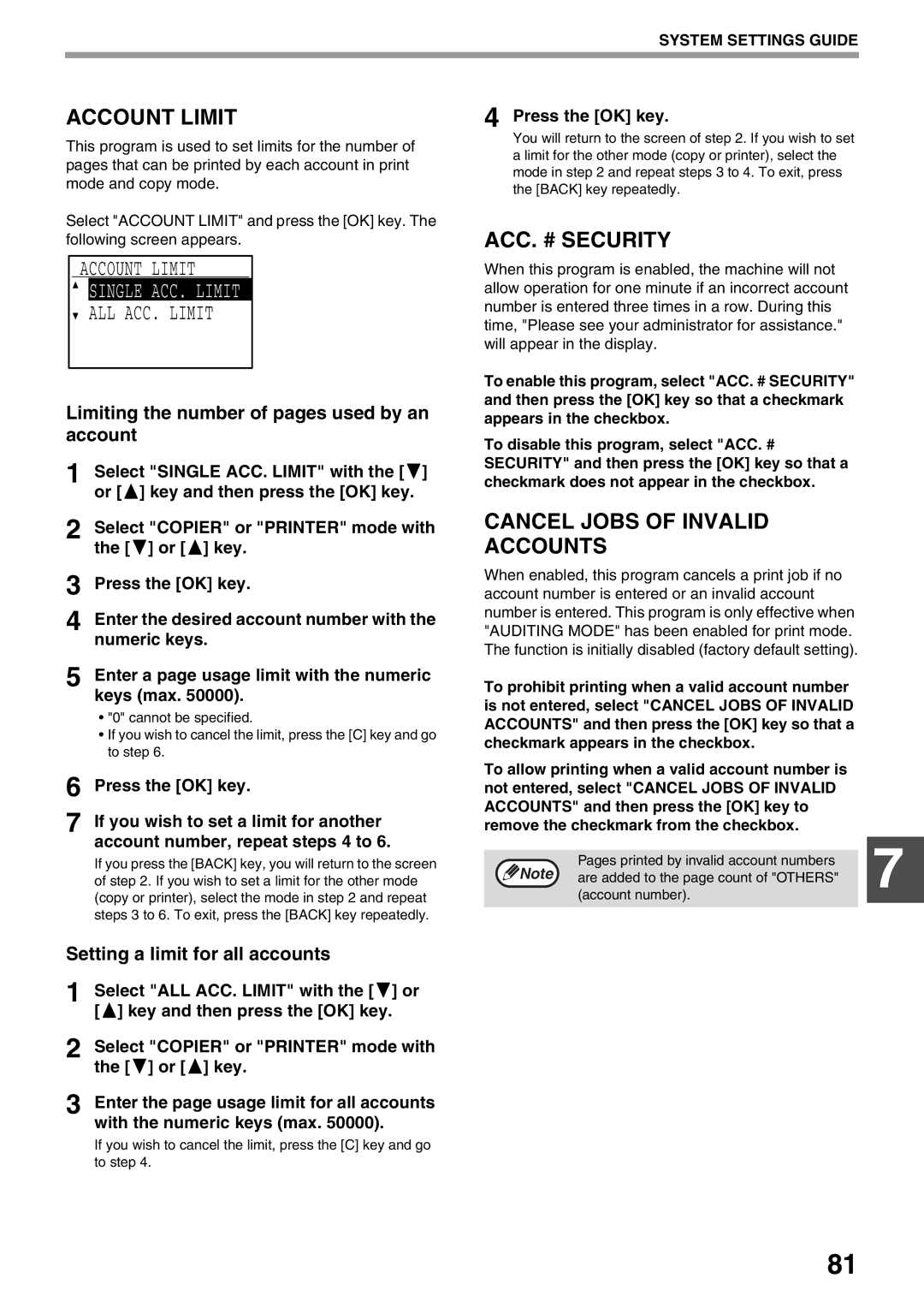 Sharp MX-M200D, MX-M160D operation manual Account Limit, Single ACC. Limit, ACC. # Security, Cancel Jobs of Invalid Accounts 