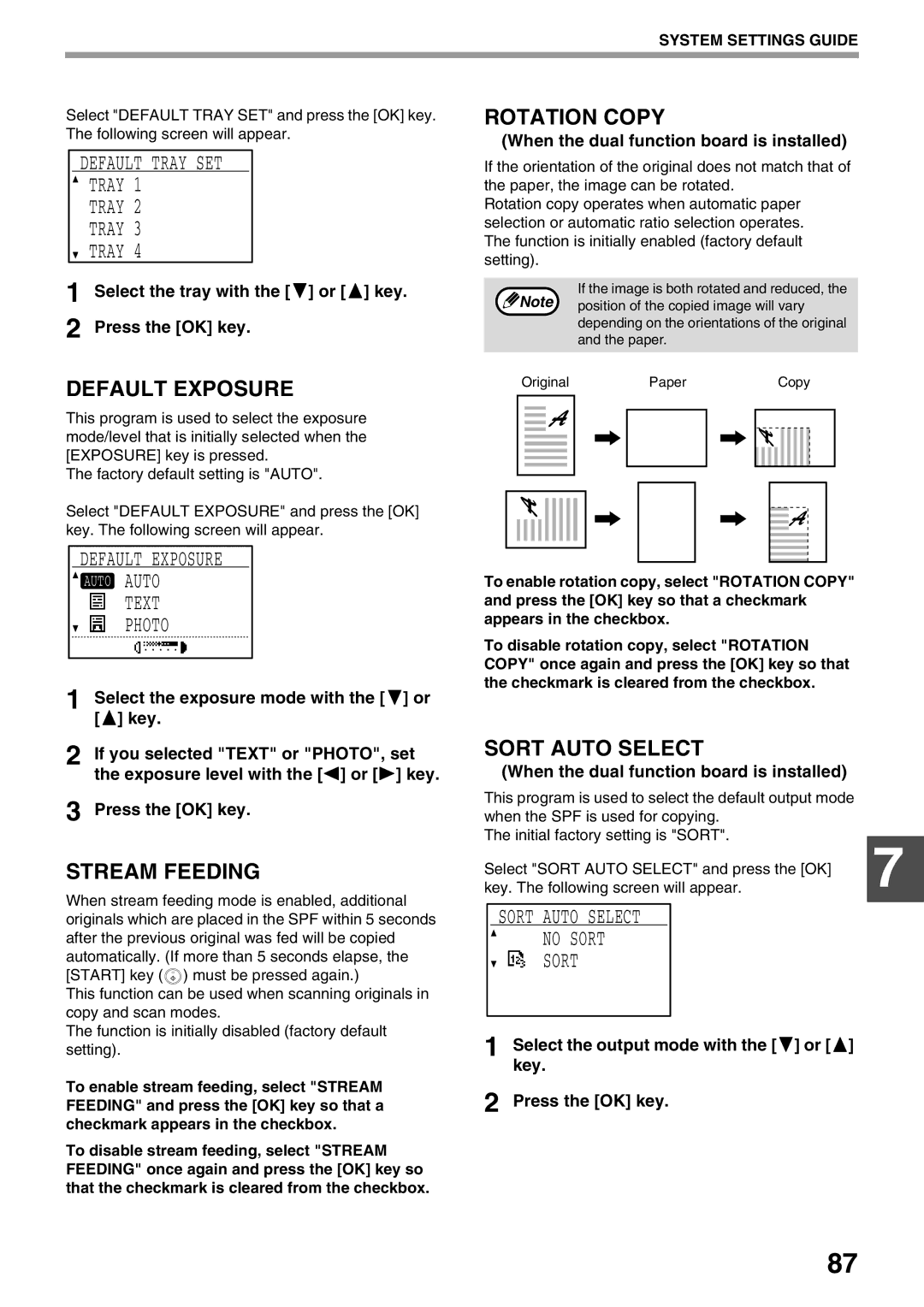 Sharp MX-M200D, MX-M160D operation manual Default Exposure Rotation Copy, Stream Feeding, Sort Auto Select 