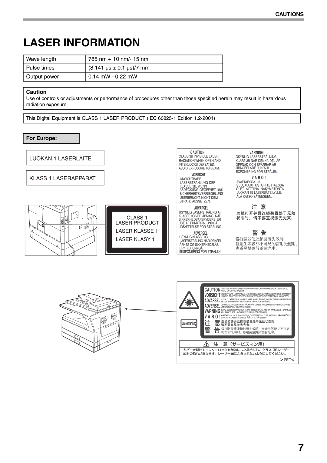 Sharp MX-M200D, MX-M160D operation manual Laser Information, For Europe 