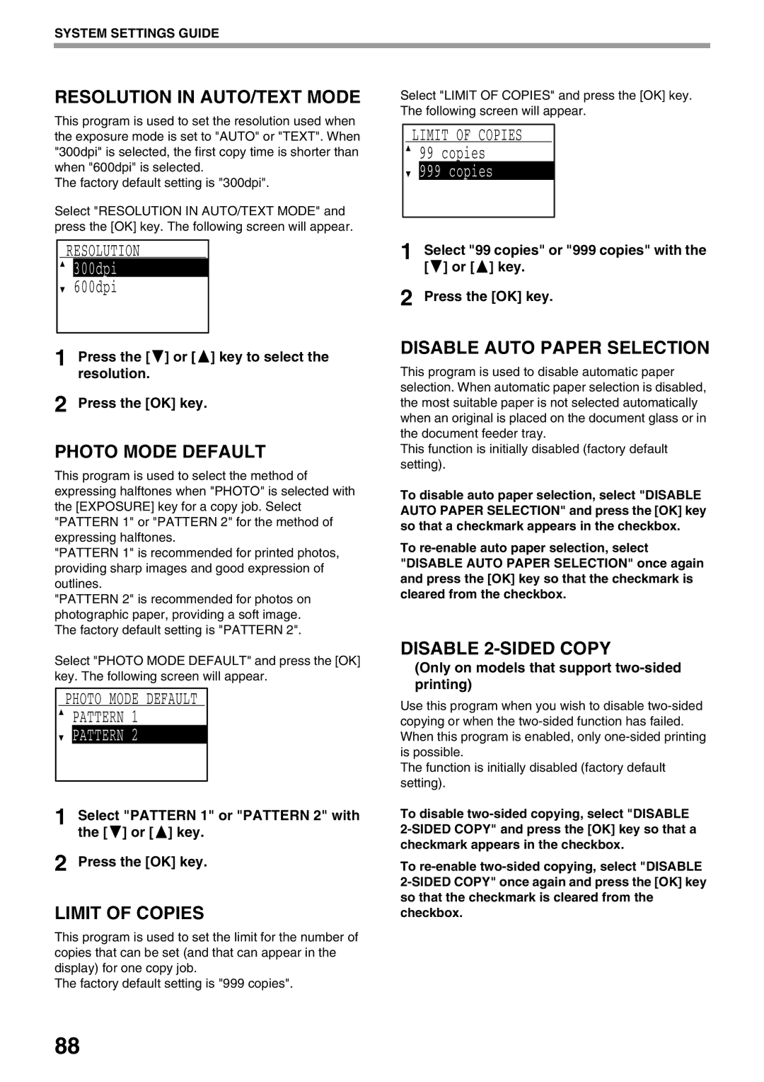 Sharp MX-M160D, MX-M200D Resolution in AUTO/TEXT Mode, Photo Mode Default, Limit of Copies, Disable Auto Paper Selection 