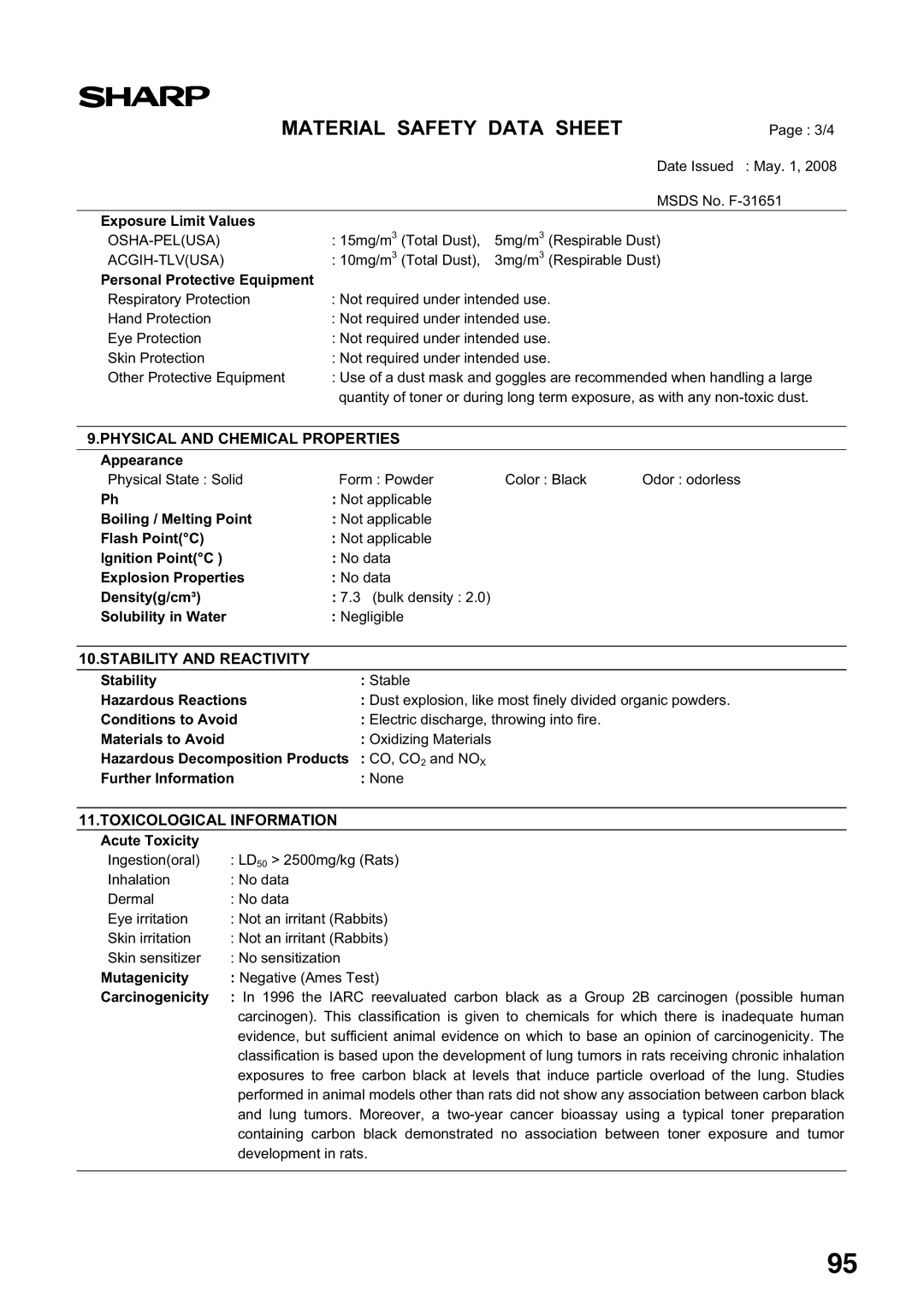 Sharp MX-M200D, MX-M160D operation manual Physical and Chemical Properties 