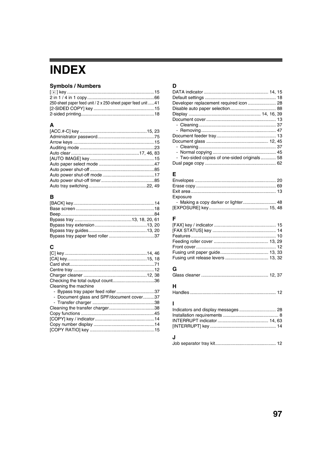 Sharp MX-M200D, MX-M160D operation manual Index, Symbols / Numbers 