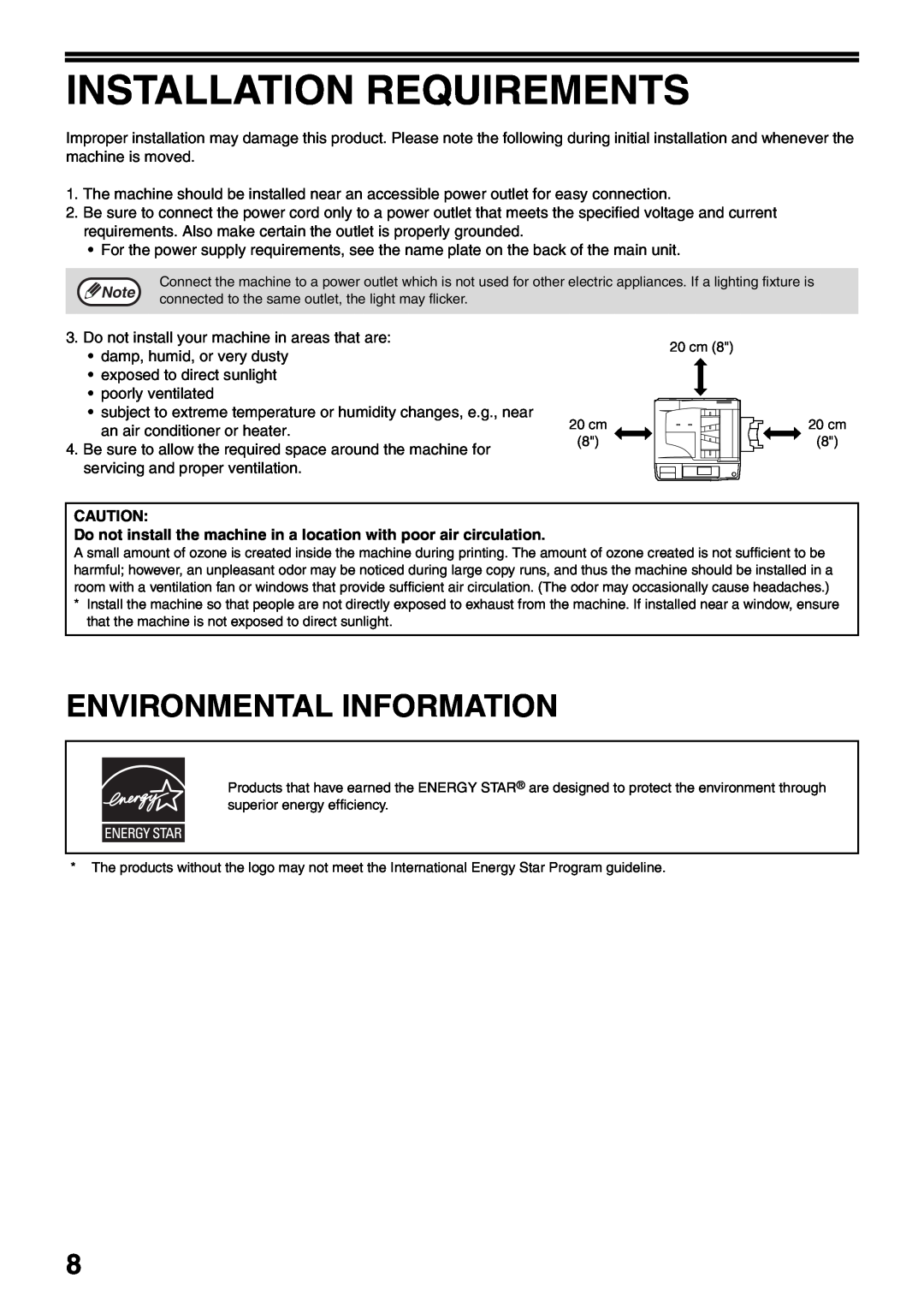 Sharp MX-M160D, MX-M200D operation manual Installation Requirements, Environmental Information 