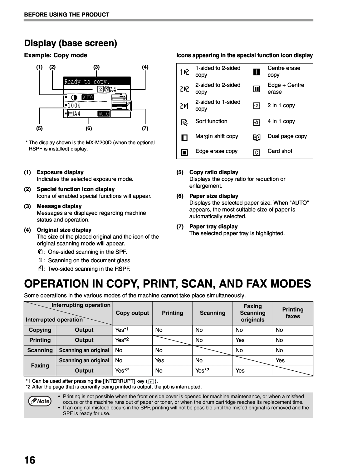 Sharp MX-M160D Operation In Copy, Print, Scan, And Fax Modes, Display base screen, copy, Example Copy mode, Ready, 100% 