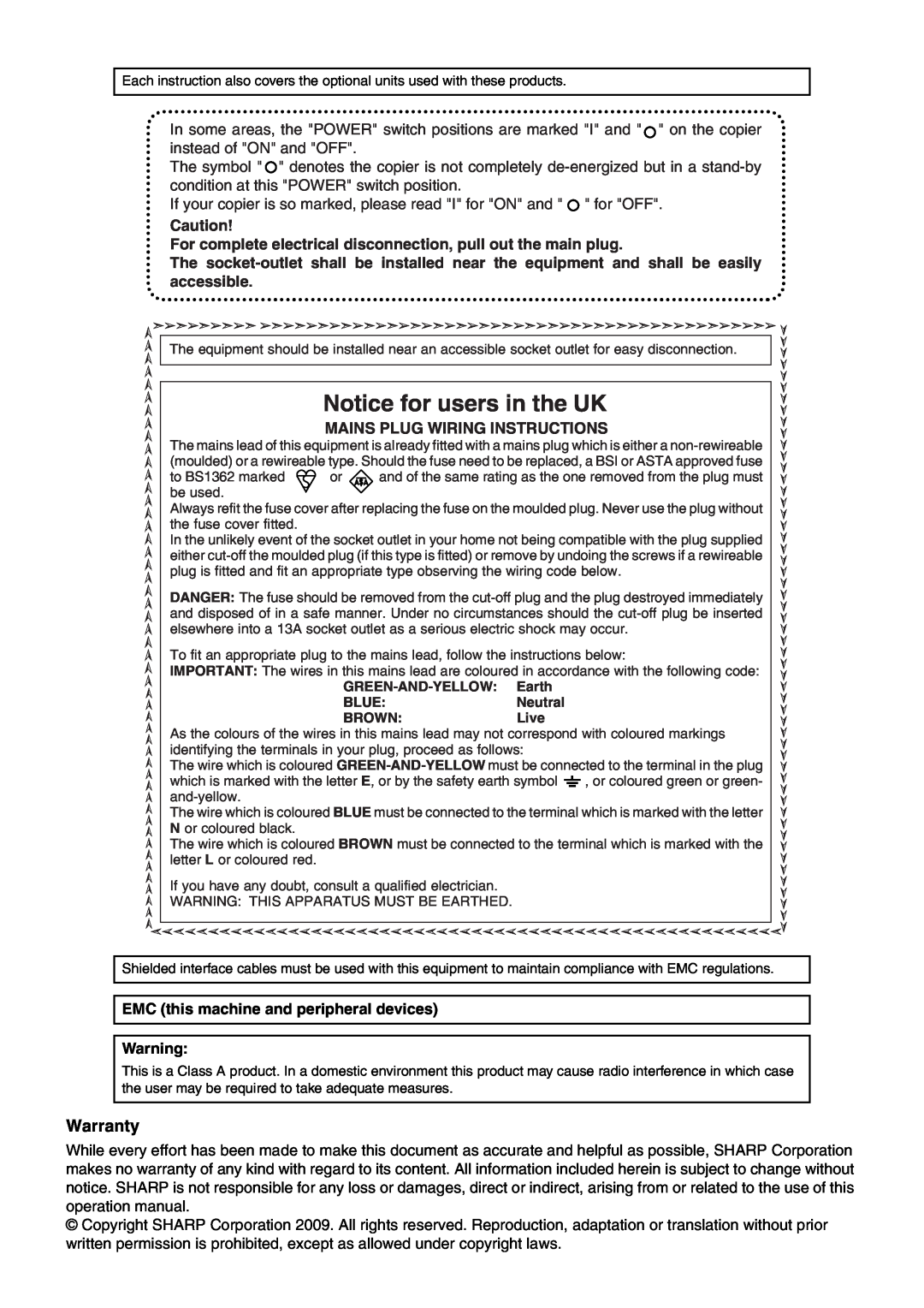 Sharp MX-M160D, MX-M200D operation manual Notice for users in the UK, Warranty 