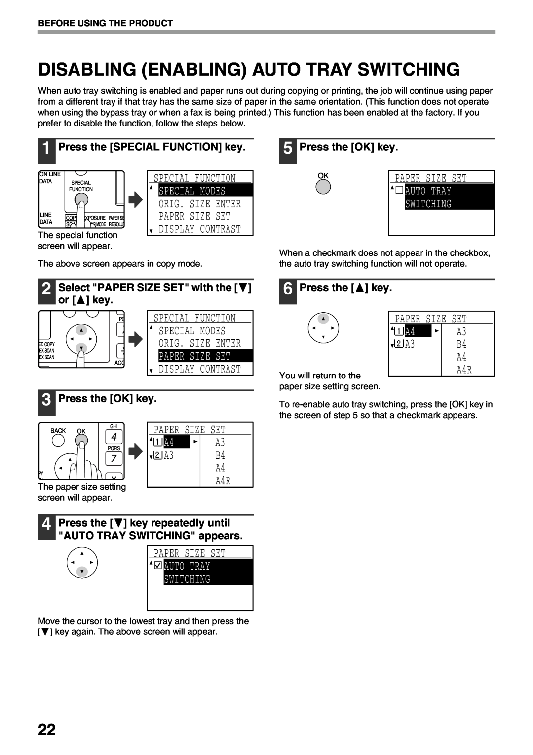 Sharp MX-M160D, MX-M200D operation manual Disabling Enabling Auto Tray Switching 