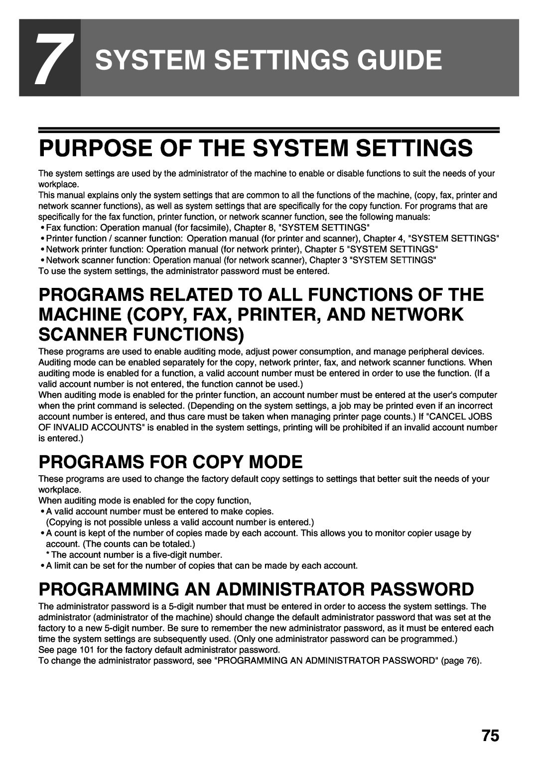 Sharp MX-M200D, MX-M160D operation manual System Settings Guide, Purpose Of The System Settings, Programs For Copy Mode 
