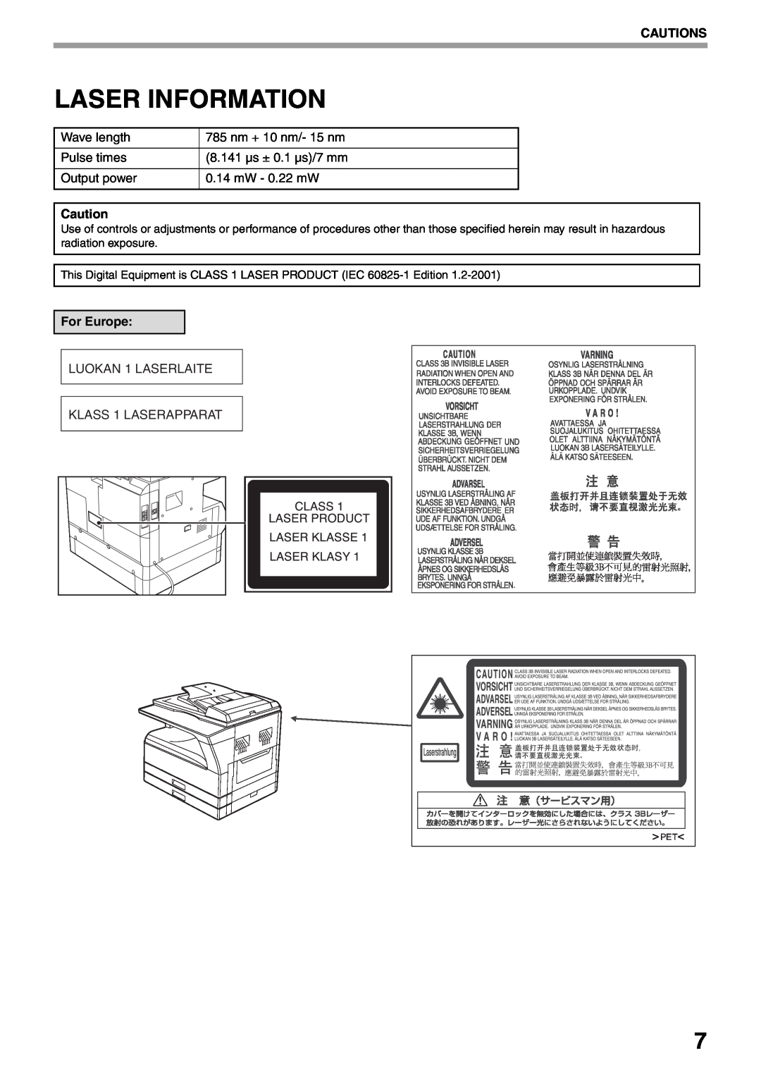 Sharp MX-M200D, MX-M160D operation manual Laser Information, Cautions, For Europe 