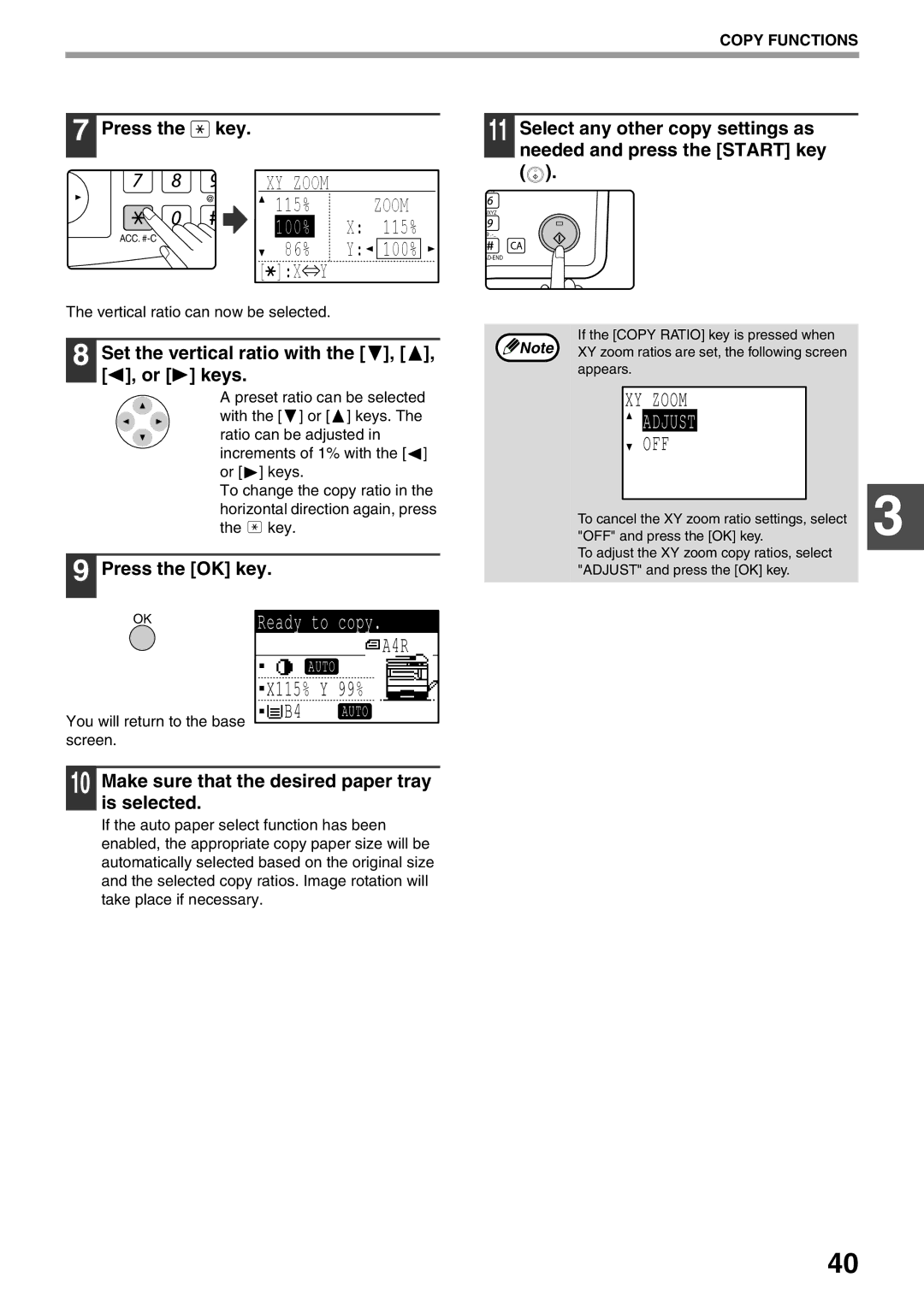 Sharp MX-M182D, MX-M202D, MX-M232D manual XY Zoom, Adjust, Off, Set the vertical ratio with the , , , or keys 