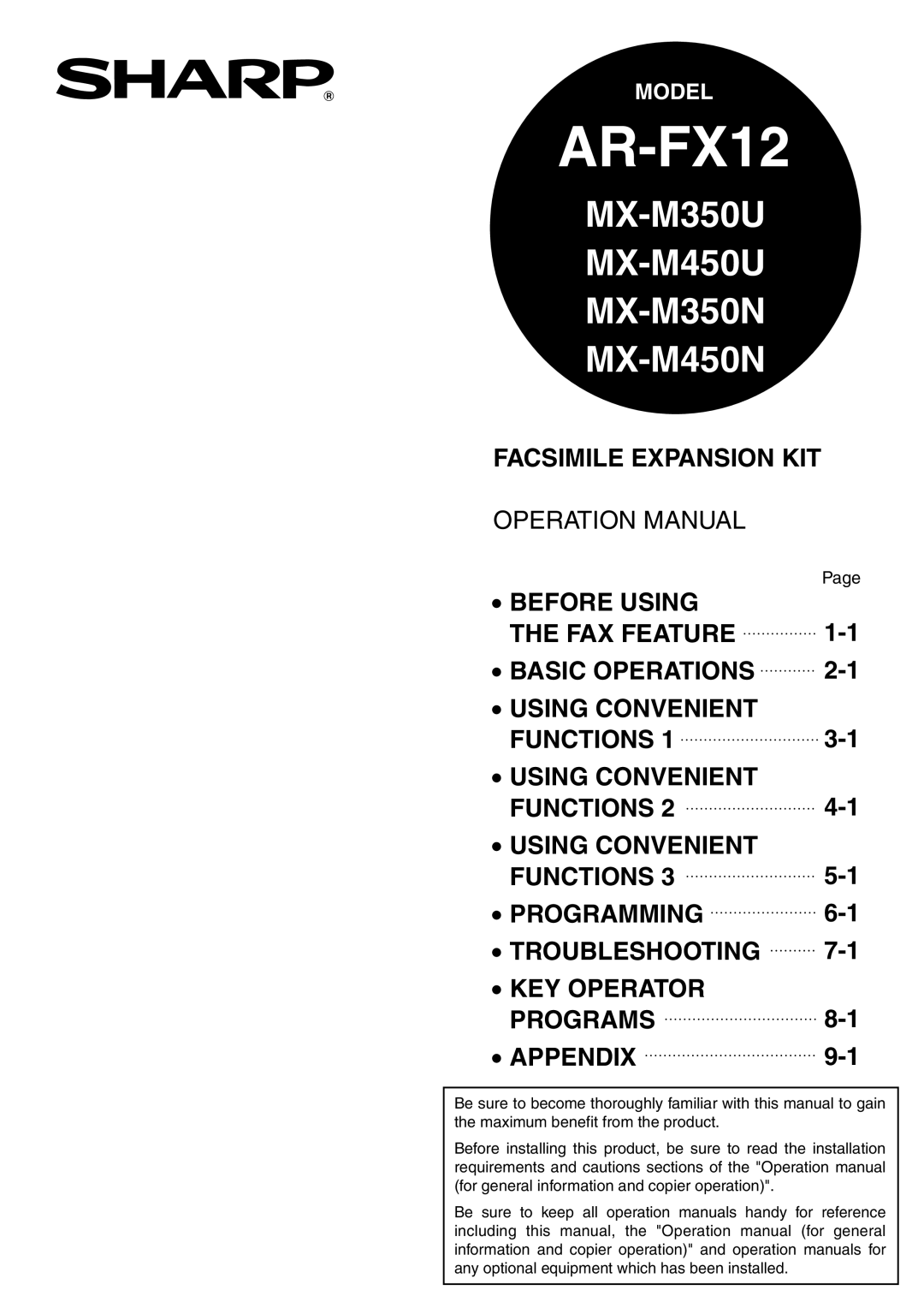 Sharp MX-M450N, MX-M350N, MX-M450U, MX-M350U operation manual AR-FX12 