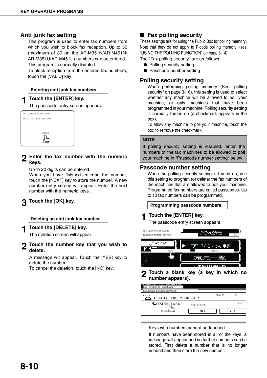 Sharp MX-M350N, MX-M450N Anti junk fax setting, Fax polling security, Polling security setting, Passcode number setting 