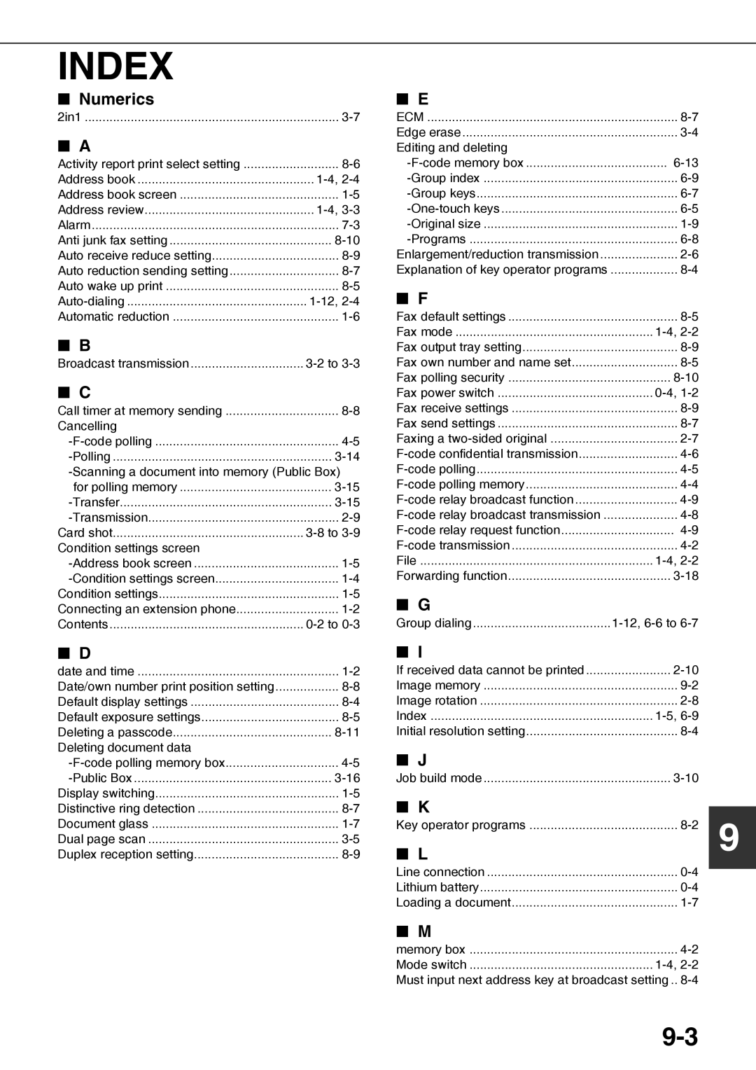 Sharp MX-M450N, MX-M350N, MX-M450U, MX-M350U operation manual Index, Numerics 