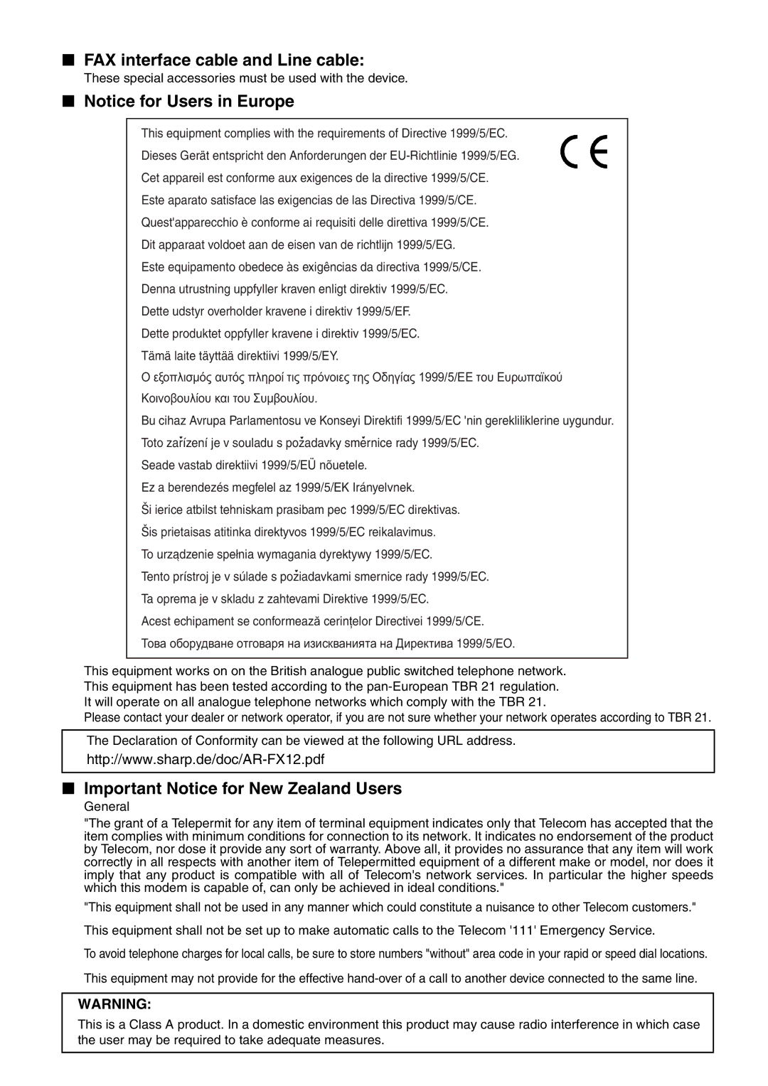 Sharp MX-M450U, MX-M350N, MX-M450N, MX-M350U FAX interface cable and Line cable, Important Notice for New Zealand Users 