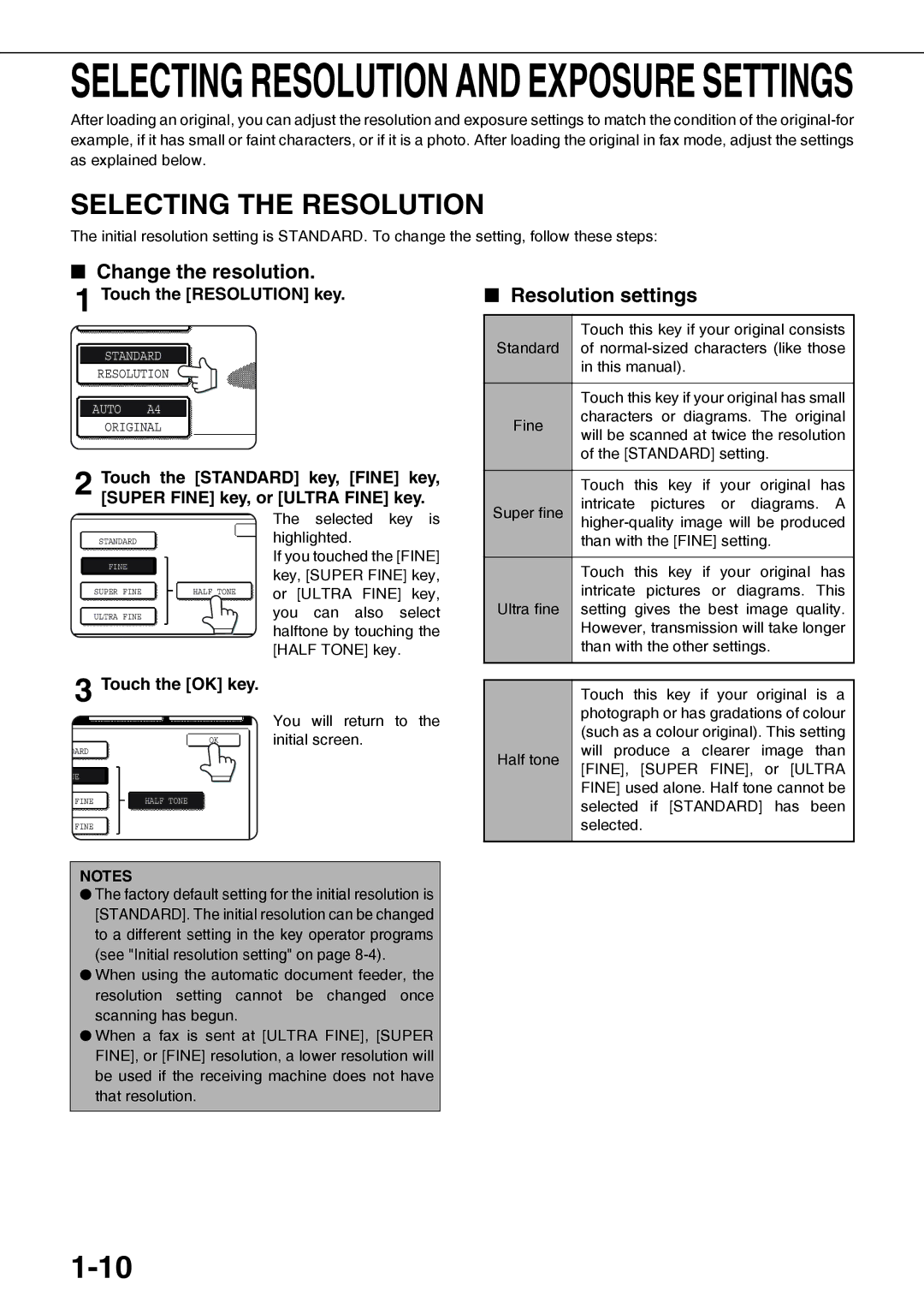 Sharp MX-M350N, MX-M450N Selecting the Resolution, Change the resolution, Resolution settings, Touch the Resolution key 