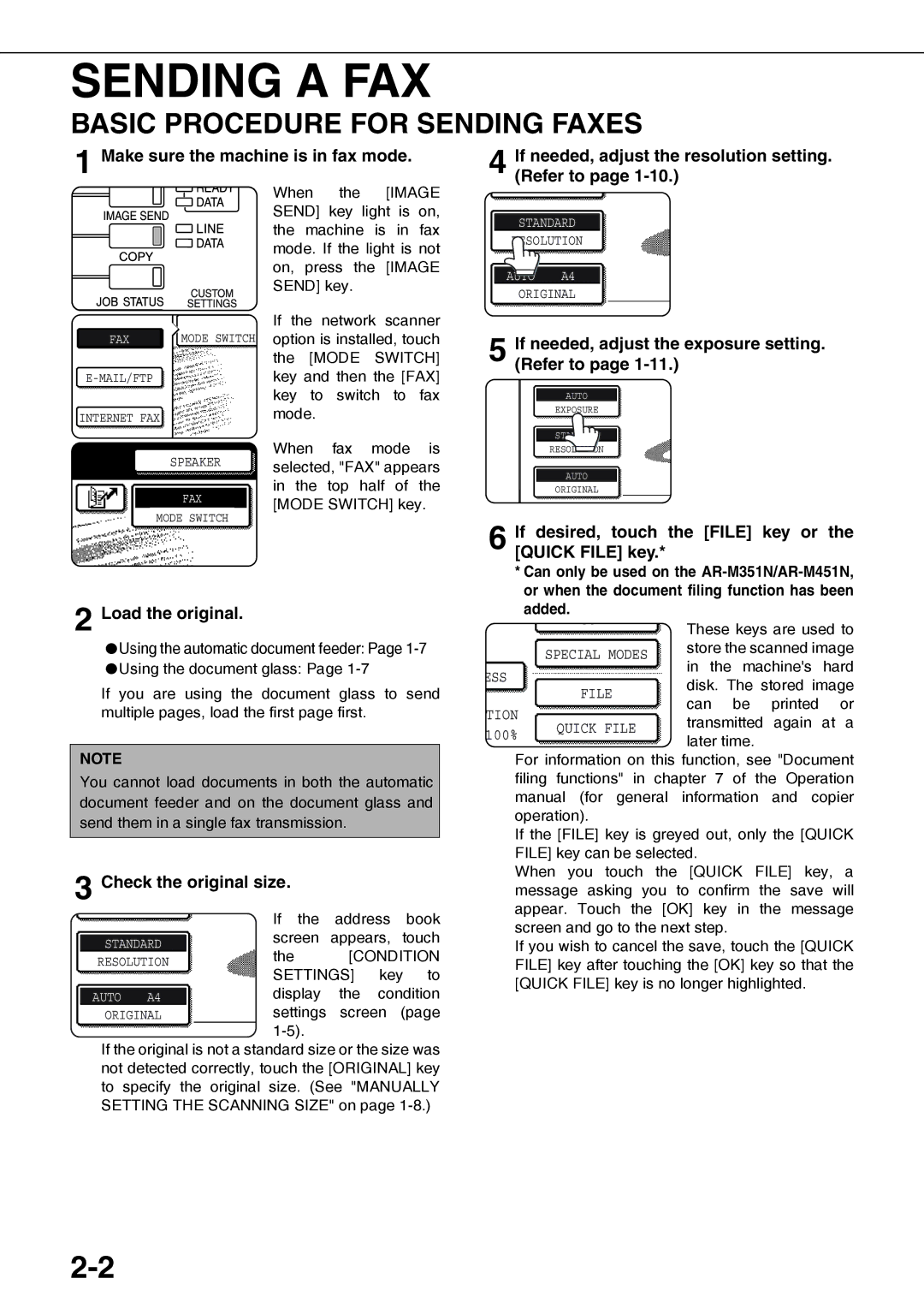 Sharp MX-M350N Sending a FAX, Basic Procedure for Sending Faxes, If needed, adjust the exposure setting. Refer to 