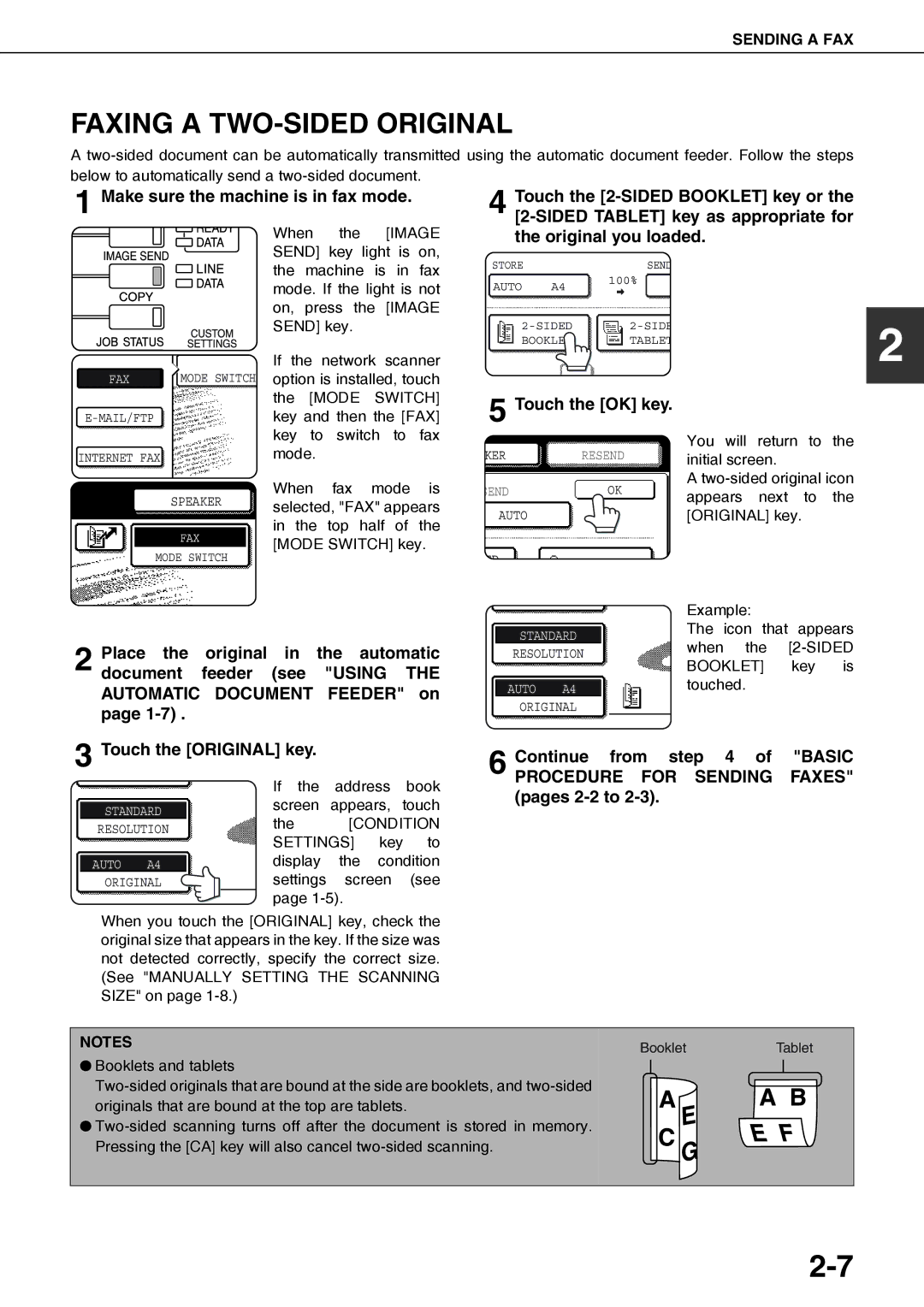 Sharp MX-M450N Faxing a TWO-SIDED Original, Make sure the machine is in fax mode, Original you loaded, Pages 2-2to 