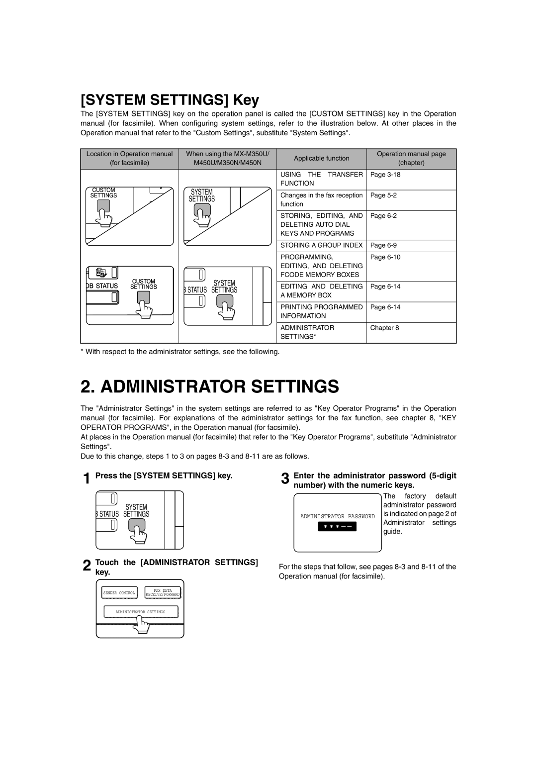 Sharp MX-M350N Press the System Settings key, Touchkey. the Administrator Settings, Factory default administrator password 