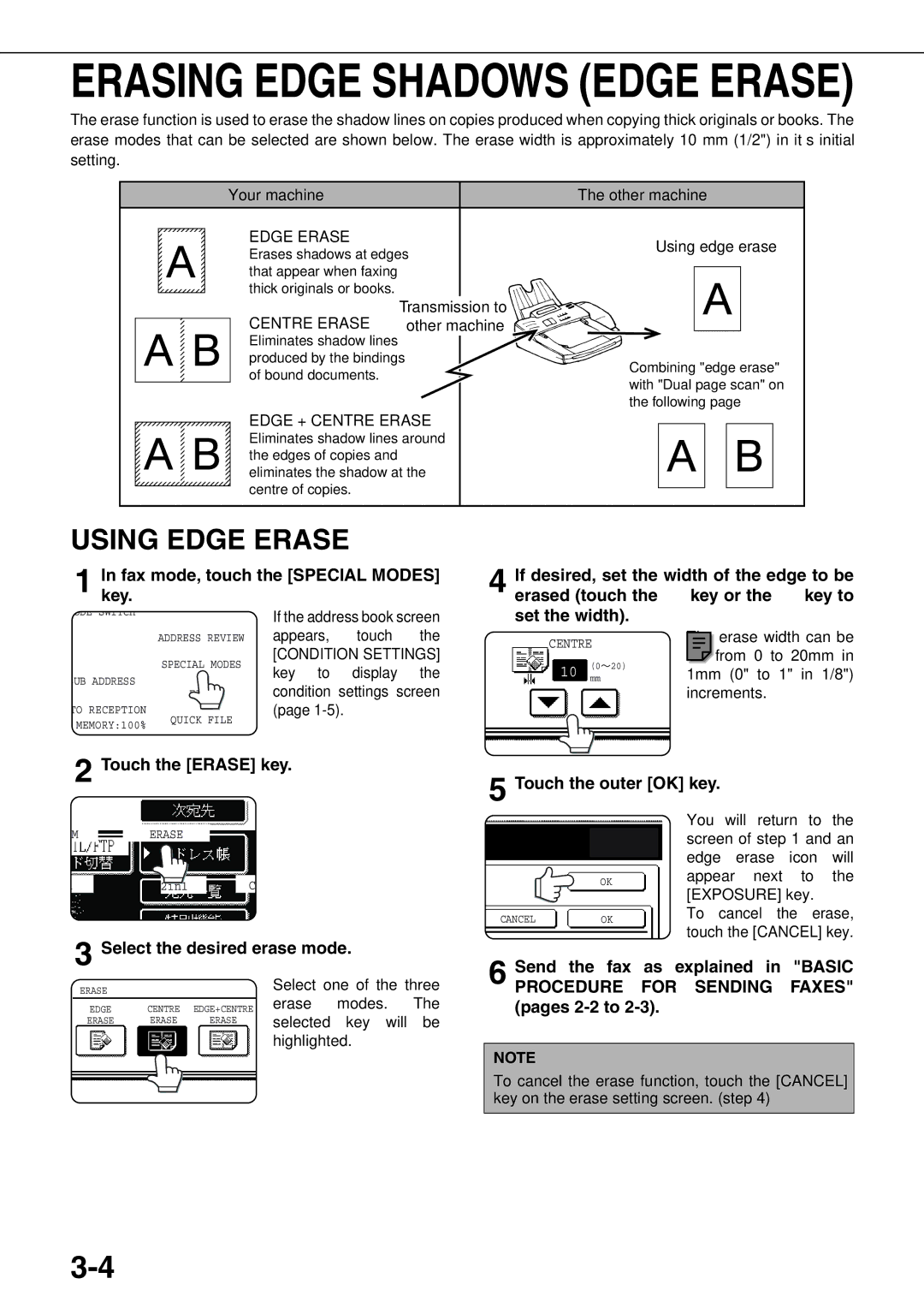 Sharp MX-M350N Using Edge Erase, Inkey.fax mode, touch the Special Modes, Touch the Erase key Touch the outer OK key 