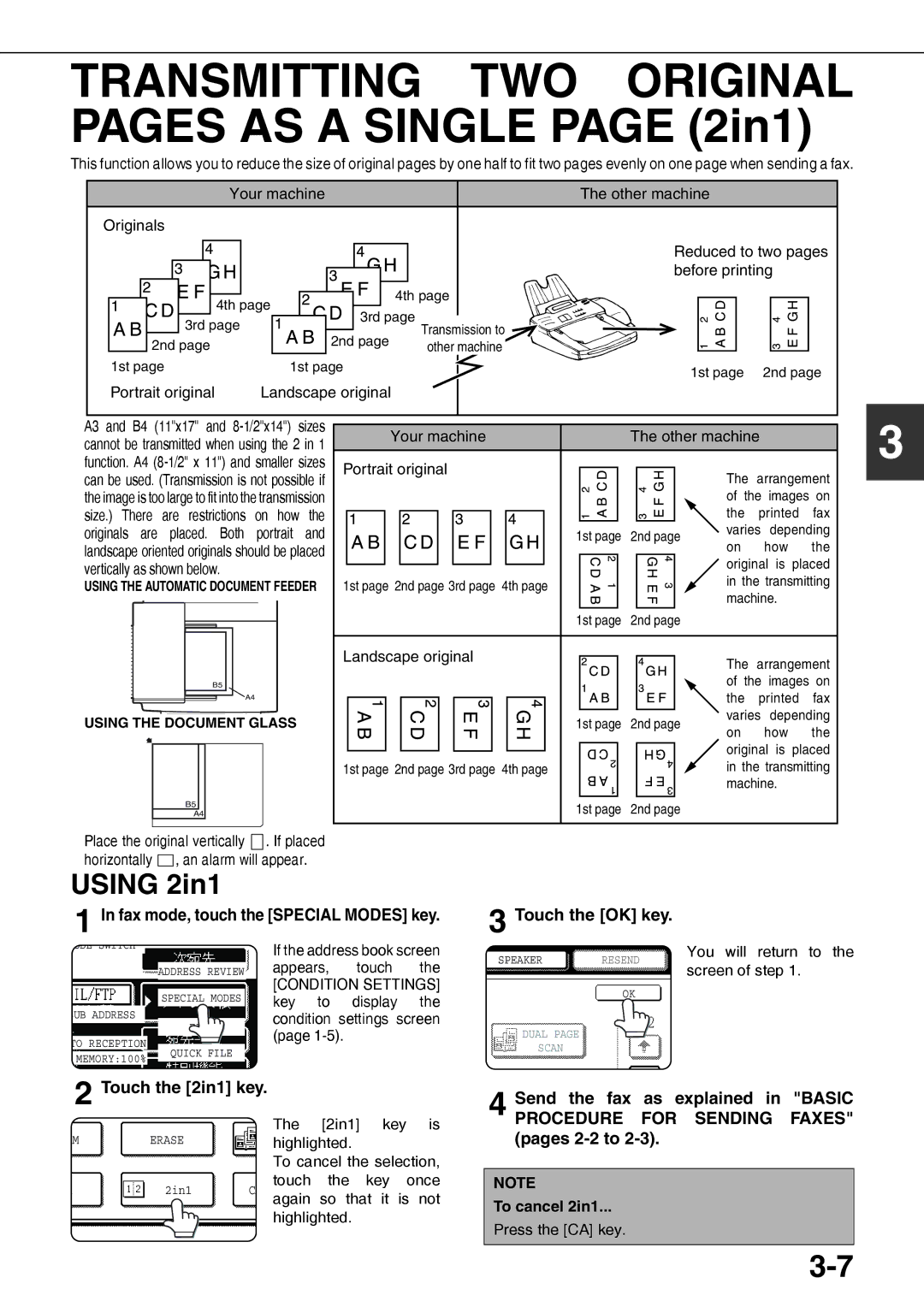 Sharp MX-M350U, MX-M350N Fax mode, touch the Special Modes key Touch the OK key, Touch the 2in1 key, To cancel 2in1 