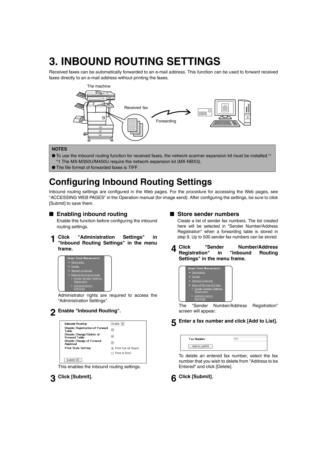 Sharp MX-M450N, MX-M350N, MX-M450U Enabling inbound routing Store sender numbers, Enable Inbound Routing, Click Submit 