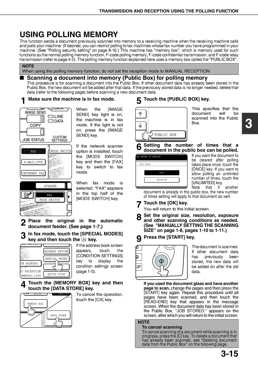 Sharp MX-M350U Using Polling Memory, Touch the Memory BOX key and then touch the Data Store key, Touch the Public BOX key 