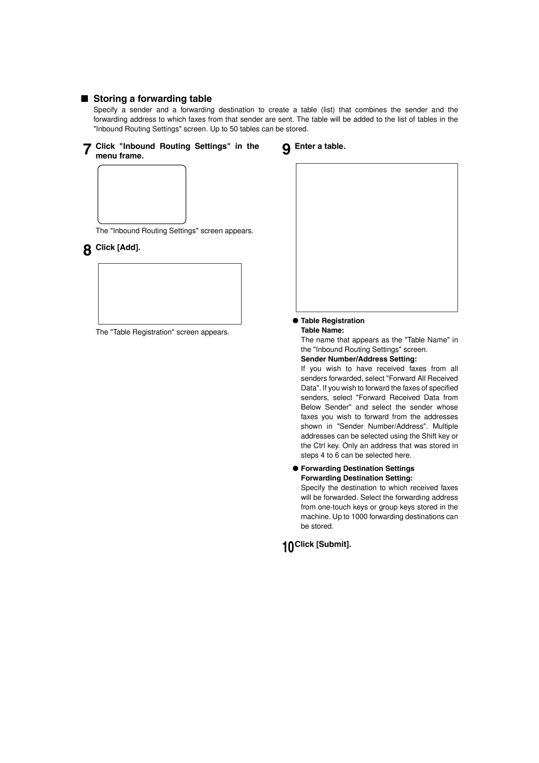 Sharp MX-M450U, MX-M350N Storing a forwarding table, Click Inbound Routing Settings, Menu frame, Click Add, 10Click Submit 