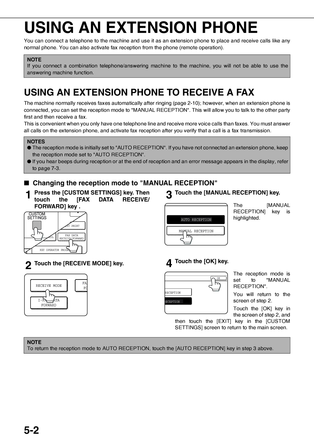 Sharp MX-M350N, MX-M450N Using AN Extension Phone to Receive a FAX, Changing the reception mode to Manual Reception 