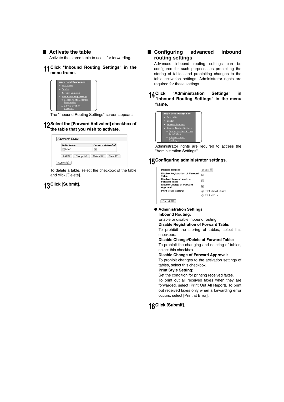 Sharp MX-M350U, MX-M350N, MX-M450N, MX-M450U Activate the table, Configuring advanced inbound Routing settings 