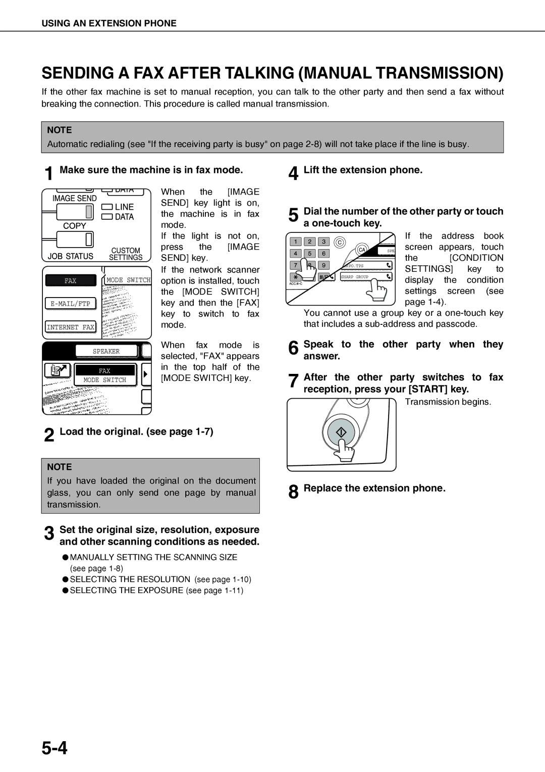 Sharp MX-M450U, MX-M350N Sending a FAX After Talking Manual Transmission, Load the original. see, Condition, Settings 