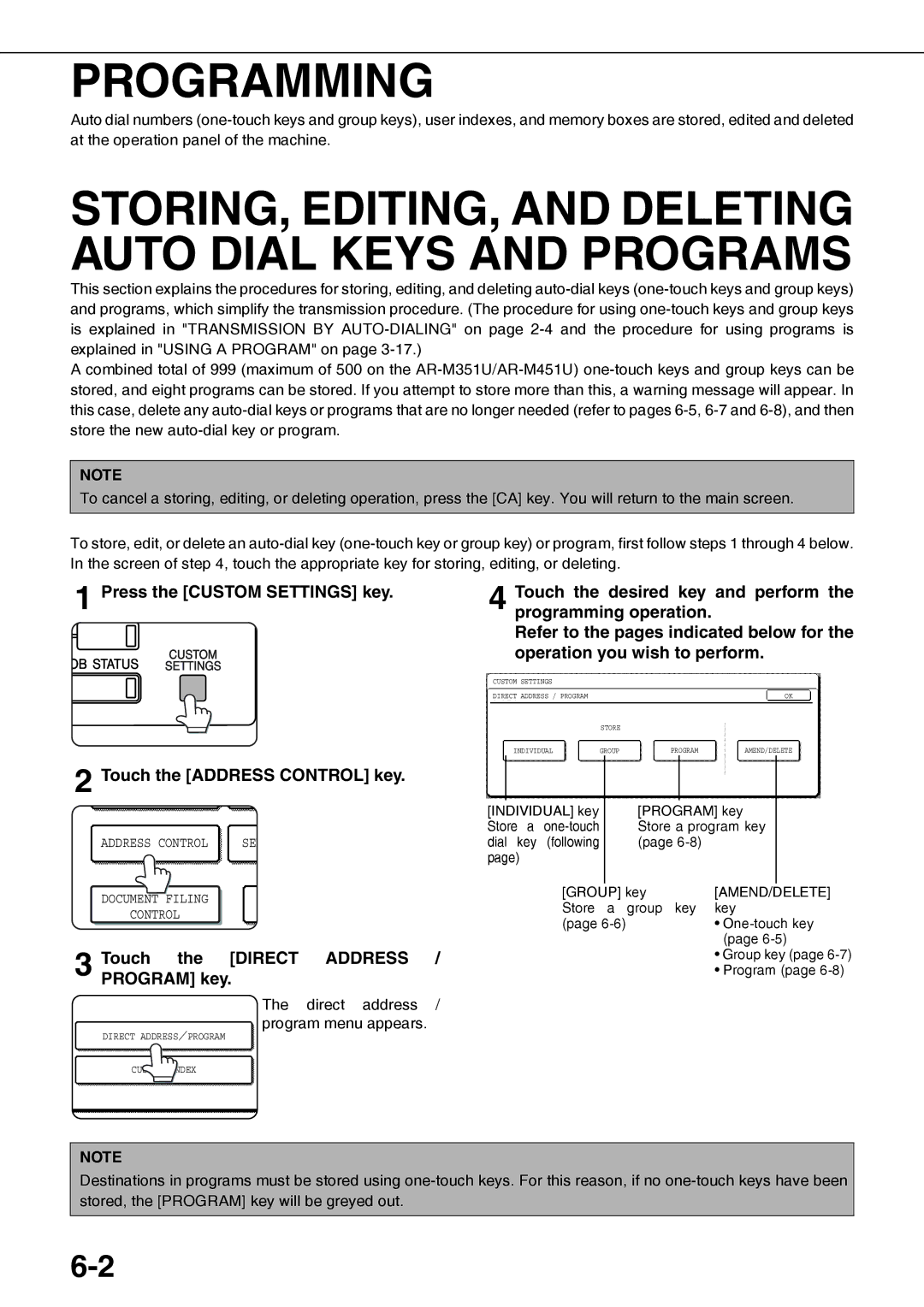 Sharp MX-M350N, MX-M450N, MX-M450U Programming, Touch the Address Control key, Touch the Direct Address, Program key 