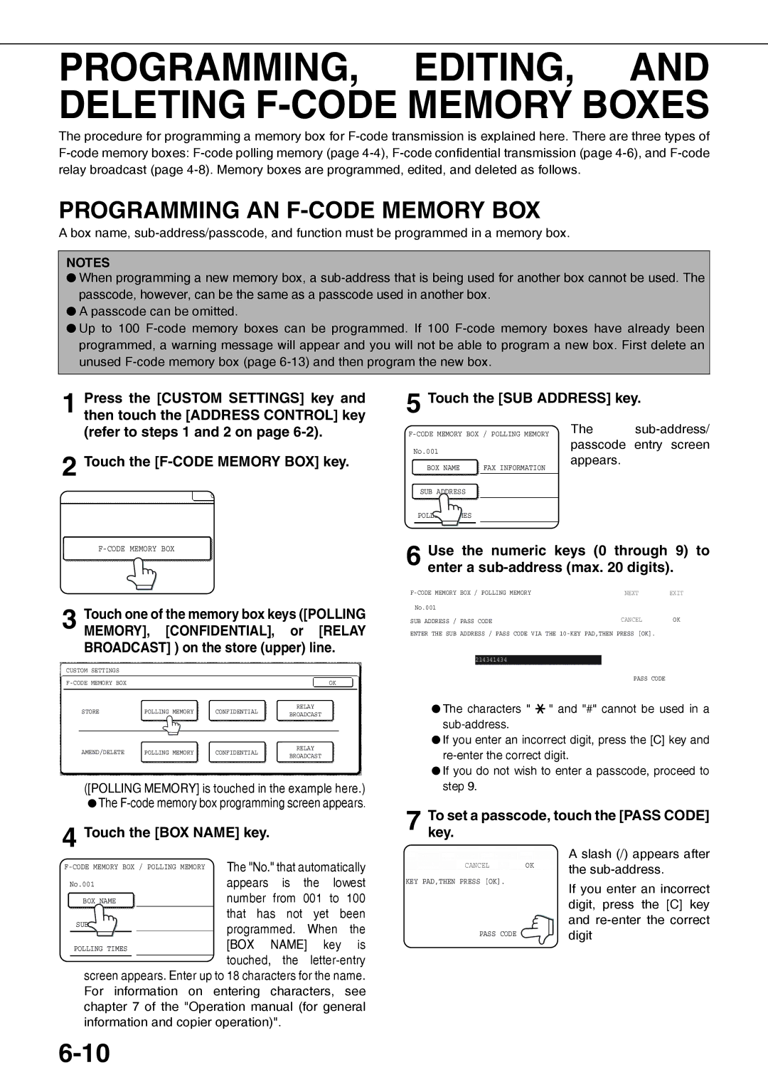 Sharp MX-M350N Programming AN F-CODE Memory BOX, Touch the BOX Name key, Tokey.set a passcode, touch the Pass Code 