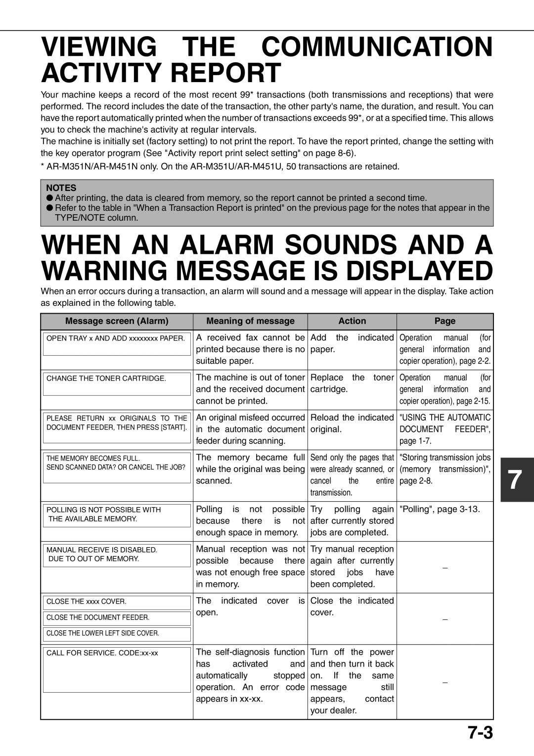 Sharp MX-M350U Viewing the Communication Activity Report, Message screen Alarm Meaning of message Action, Document Feeder 