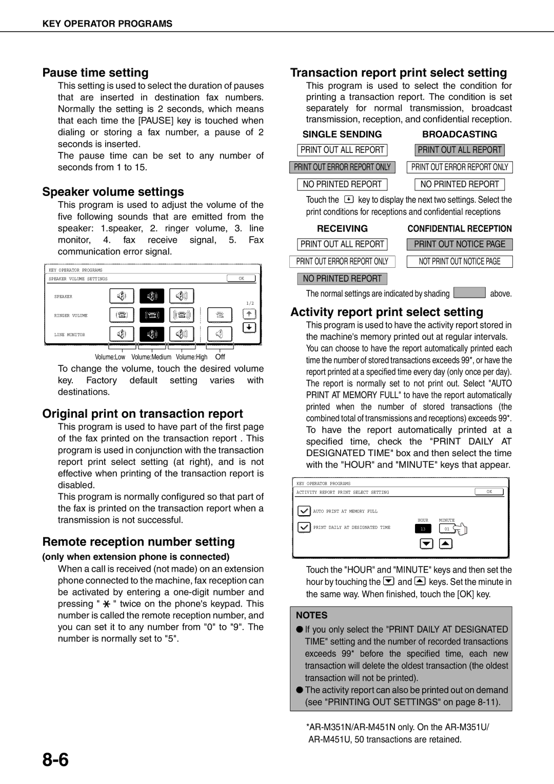 Sharp MX-M350N, MX-M450N, MX-M450U Pause time setting, Speaker volume settings, Original print on transaction report 