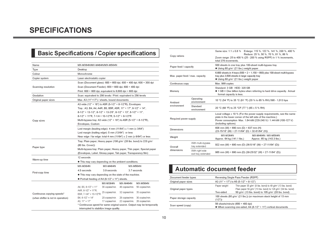 Sharp MX-M564N, MX-M364N, MX-M464N manual Basic Specifications / Copier specifications, Automatic document feeder 