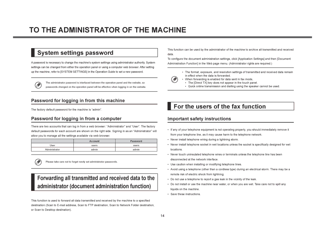 Sharp MX-M464N, MX-M364N To the Administrator of the Machine, System settings password, For the users of the fax function 