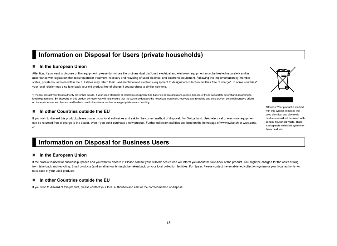 Sharp MX-M364N manual Information on Disposal for Users private households, Information on Disposal for Business Users 