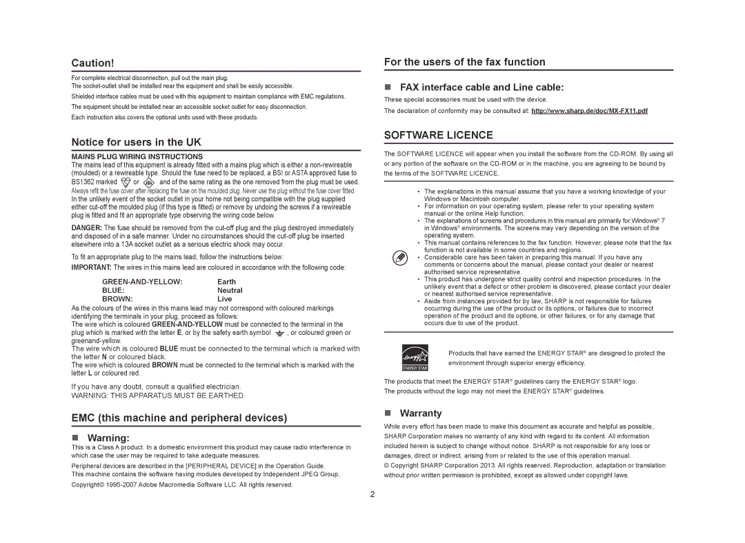 Sharp MX-M464N, MX-M364N, MX-M564N EMC this machine and peripheral devices, For the users of the fax function, Warranty 