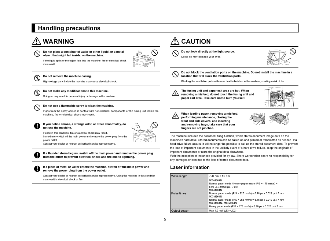 Sharp MX-M464N, MX-M364N, MX-M564N manual Handling precautions, Laser information 