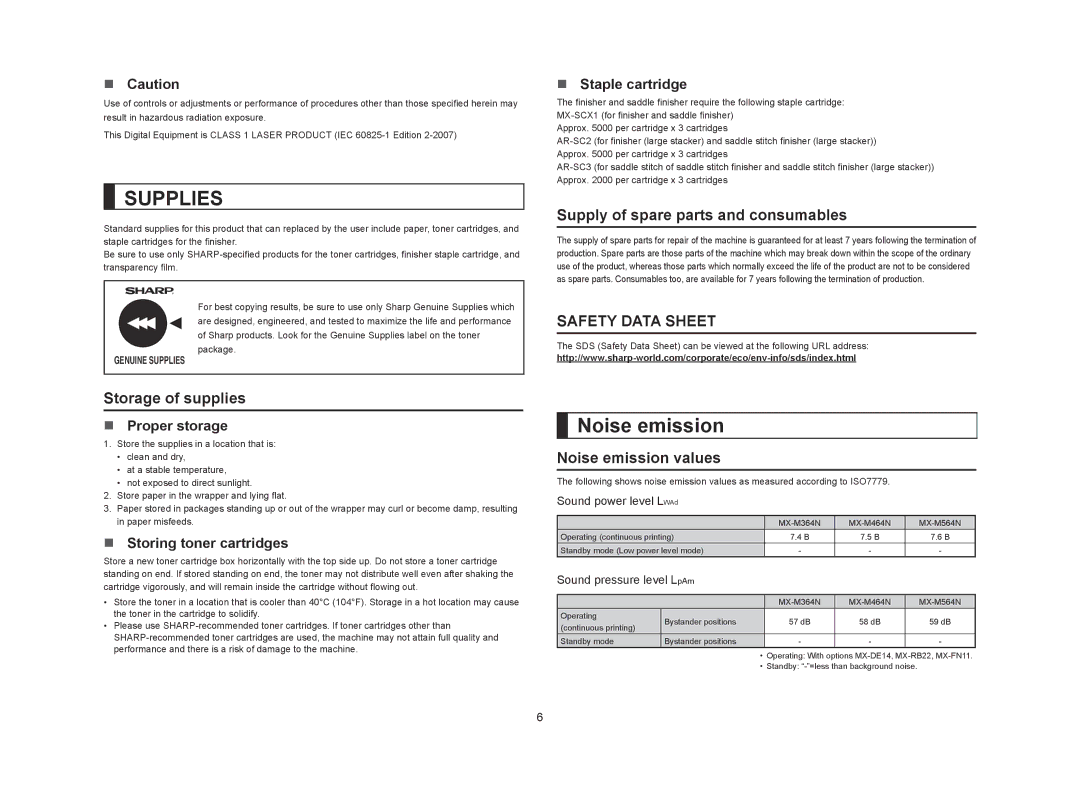 Sharp MX-M364N, MX-M564N, MX-M464N Storage of supplies, Supply of spare parts and consumables, Noise emission values 