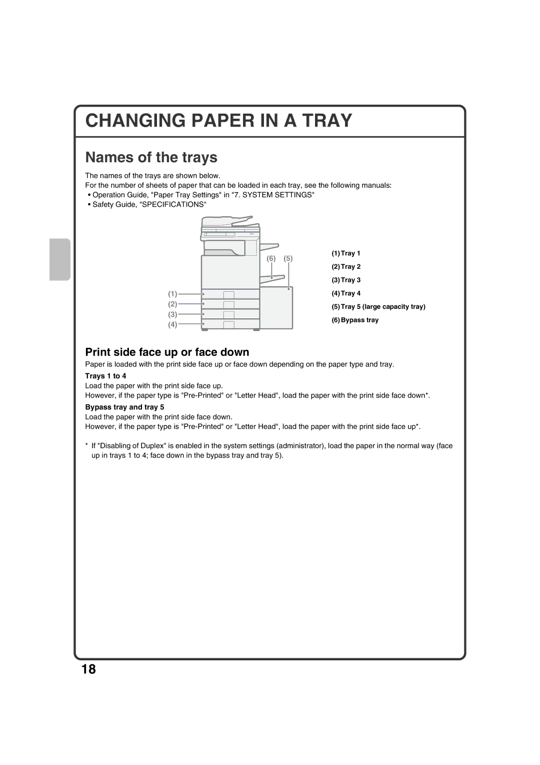 Sharp MX-M453N, MX-M363N, MX-M503N, MX-M283N Changing Paper in a Tray, Names of the trays, Trays 1 to, Bypass tray and tray 