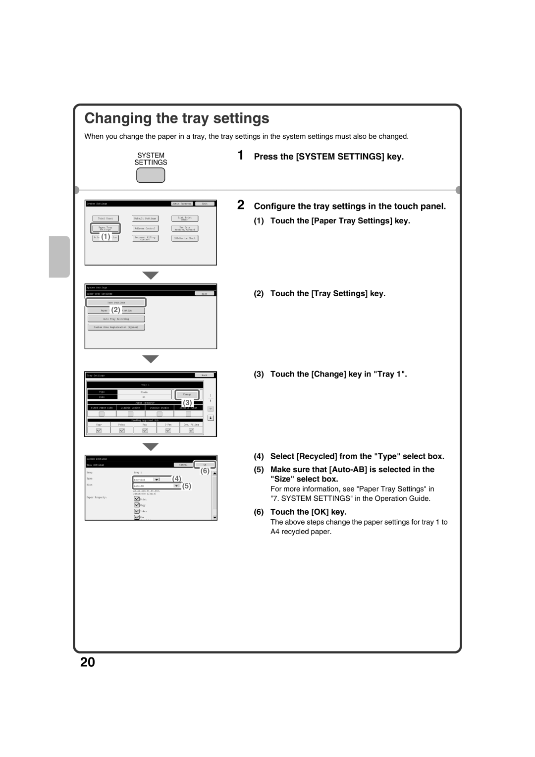 Sharp MX-M503N, MX-M453N Changing the tray settings, Configure the tray settings in the touch panel, Touch the OK key 