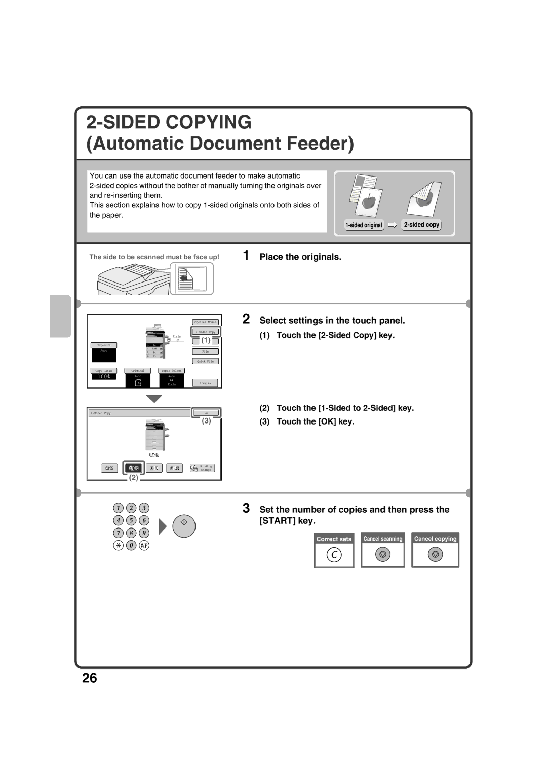 Sharp MX-M453N, MX-M363N, MX-M503N, MX-M283N Select settings in the touch panel, Touch the 2-Sided Copy key, Sided original 